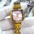 Orologio donna acciaio inossidabile dorato quadrante quadrato rosa quarzo dettaglio - Cinturino Oro Quadrante Rosa