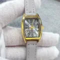 Women tonneau quartz watch with light grey leather strap and classic arabic numeral dial. - Gold Case Gray Dial Gray Strap
