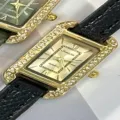 SUNLIFEX women's rectangular quartz watch with rhinestone bezel and black leather strap. - Gold Case Gold Dial Black Strap