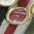 Elegant oval quartz watch for women with burgundy dial and leather strap vintage style - Gold Case Red Dial Red Strap
