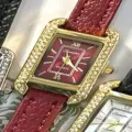 SUNLIFEX women quartz watch vintage red leather strap rectangular diamond gold luxury wristwatch - Gold Case Red Dial Red Strap