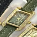 SUNLIFEX Vintage Rectangular Quartz Watch for Women, Green Leather Strap and Rhinestones - Gold Case Green Dial Green Strap