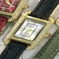 SUNLIFEX women quartz watch, rectangular rhinestone paved case with black leather strap. - Gold Case White Dial Black Strap