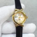 Kloris women quartz watch small dial golden crossed bezel black leather strap vintage elegant - Gold Case White Dial Black Strap