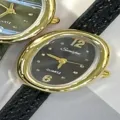 Sunlifex small oval womens quartz watch featuring black leather strap and vintage gold case. - Gold Case Black Dial Black Strap