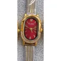 Montre femme ovale avec cadran rouge, strass sur la lunette et bracelet en maille métal. - Bicolore Cadran Rouge