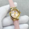 Kloris women's quartz watch with pink leather strap, unique cross bezel and vintage dial detail. - Gold Case Pink Dial Pink Strap