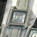 Women rectangular quartz watch with rhinestone bezel and leather strap elegant design. - Silver Case Gray Dial Gray Strap