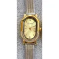 Montre quartz femme ovale avec strass, cadran doré et bracelet en maille élégant. - Bicolore Cadran Doré