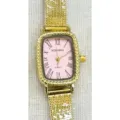 Women's quartz watch rectangular pink dial Roman numerals gold mesh strap vintage fashion timepiece - Gold Band Pink Dial