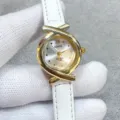 Kloris women quartz watch with white leather strap and unique cross bezel design vintage style. - Gold Case White Dial White Strap