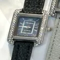 Women rectangular rhinestone quartz watch with black leather strap vintage elegant wristwatch - Silver Case Blue Dial Black Strap