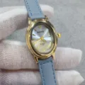 Kloris ovaal quartz horloge voor dames met blauwe lederen band en gouden kast vintage stijl - Gouden Kast Blauwe Wijzerplaat Lichtblauw Band