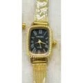 Women gold rectangular quartz watch featuring black Roman numeral dial and stylish mesh strap. - Gold Black Dial