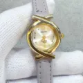 Kloris women quartz watch detail shot, elegant grey leather strap with gold tone cross case. - Gold Case White Dial Grey Strap