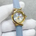 Kloris women quartz watch with light blue leather strap and vintage gold cross dial design. - Gold Case Blue Dial Light Blue Strap