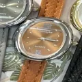 Small oval women's quartz watch with brown dial and leather strap in vintage style sku - Silver Case Brown Dial Light Brown Strap