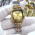 Elegante reloj de mujer con esfera cuadrada y correa de acero inoxidable bicolor. - Bicolor Esfera Dorada