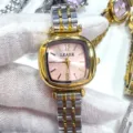 Elegante reloj de cuarzo para mujer con esfera cuadrada y correa de acero bicolor chic. - Bicolor Esfera Rosa