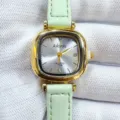 Kloris women's quartz watch with mint green leather strap and gold square dial vintage style. - Gold Case White Dial Green Strap