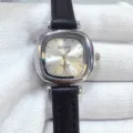 Kloris minimalist women quartz watch with small square dial and black leather strap. - Silver Case White Dial Black Strap