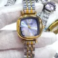 Elegante reloj de mujer LEAER con esfera cuadrada purpura y correa de acero bicolor fina. - Bicolor Oro Esfera Azul Claro