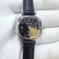 Kloris women quartz watch detail view, featuring black square dial and leather strap. - Silver Case Black Dial Black Strap