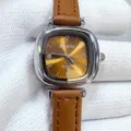 Close-up detail of women's square quartz watch with brown sunburst dial and leather strap. - Silver Case Brown Dial Brown Strap