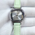 Minimalist square dial quartz watch with light green leather strap, elegant daily wear accessory. - Silver Case White Dial Green Strap