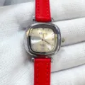 Women cushion case quartz watch with red leather strap and elegant dial markers for daily wear. - Silver Case White Dial Red Strap