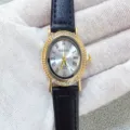 Montre quartz pour femme Kloris avec cadran ovale strass élégant et bracelet en cuir noir. - Boîtier Doré Cadran Blanc Bracelet Noir