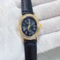 Montre quartz femme Kloris bracelet cuir noir ovale strass lunette dorée élégante - Boîtier Or Cadran Noir Bracelet Noir