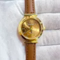 Women's quartz watch with brown leather strap and gold round dial, minimalist numerical markers. - Gold Case Coffee Dial Coffee Strap