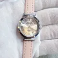 Elegant women quartz watch with pink leather strap, minimalist round dial and clear numbers. - Silver Case Pink Dial Pink Strap