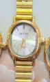 Gold vintage oval quartz watch with bamboo link strap variant for women fashion style. - Gold White Dial