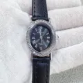 Kloris women quartz watch detail view, elegant oval rhinestone dial with black leather strap. - Silver Case Black Dial Black Strap