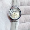 Kloris women quartz watch detail shot, grey leather strap and simple round dial. - Silver Case White Dial Grey Strap