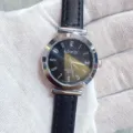 Women quartz watch with black leather strap and round dial, clear digital time markers. - Silver Case Black Dial Black Strap