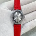Kloris women quartz watch red leather strap oval rhinestone bezel elegant wrist watch - Silver Case White Dial Red Strap