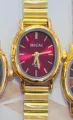 MICAI women's small oval quartz watch with vintage gold bamboo chain strap and purple dial. - Gold Red Dial