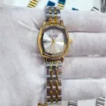 Elegante reloj de cuarzo para mujer con esfera poligonal y correa de acero bicolor. - Bicolor Esfera Blanca