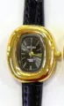 MICAI Damen Quarz Armbanduhr ovale Badewanne Design schwarzes Lederarmband Retro - Goldenes Gehäuse Schwarzes Zifferblatt Schwarzes Armband