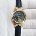 Montre quartz bracelet cuir femme avec cadran rond strass, élégante et délicate au quotidien. - Boîtier Or Cadran Noir Bracelet Noir