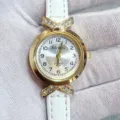 Montre quartz pour femme Kloris avec bracelet en cuir blanc et details de strass brillants - Boîtier Doré Cadran Blanc Bracelet Blanc