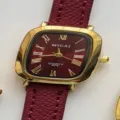 MICAI vintage style women quartz watch with rectangular gold case and burgundy leather strap. - Gold Case Red Dial Red Strap