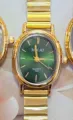 Vintage green dial women quartz watch with gold tone stretch bamboo chain band elegant. - Gold Green Dial