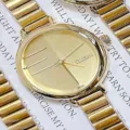 Reloj de mujer dorado con correa de bambú y esfera rayada de diseño vintage único. - Caja Dorada Esfera Dorada
