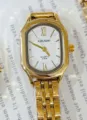 Elegant gold rectangular quartz watch for women with stylish metal strap and clear dial. - Gold White Dial