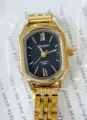 KOUSHI women's gold quartz watch with unique small rectangular dial and steel strap. - Gold Black Dial