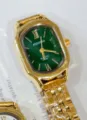 Elegant gold rectangular green dial women quartz watch with metallic strap for daily wear - Gold Green Dial